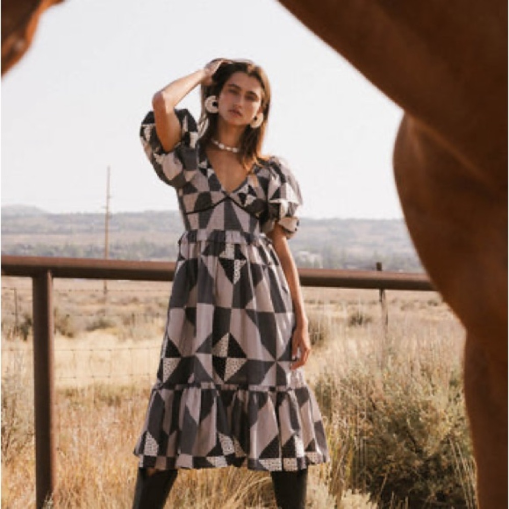 bohme Black and Cream Geometric Midi Dress